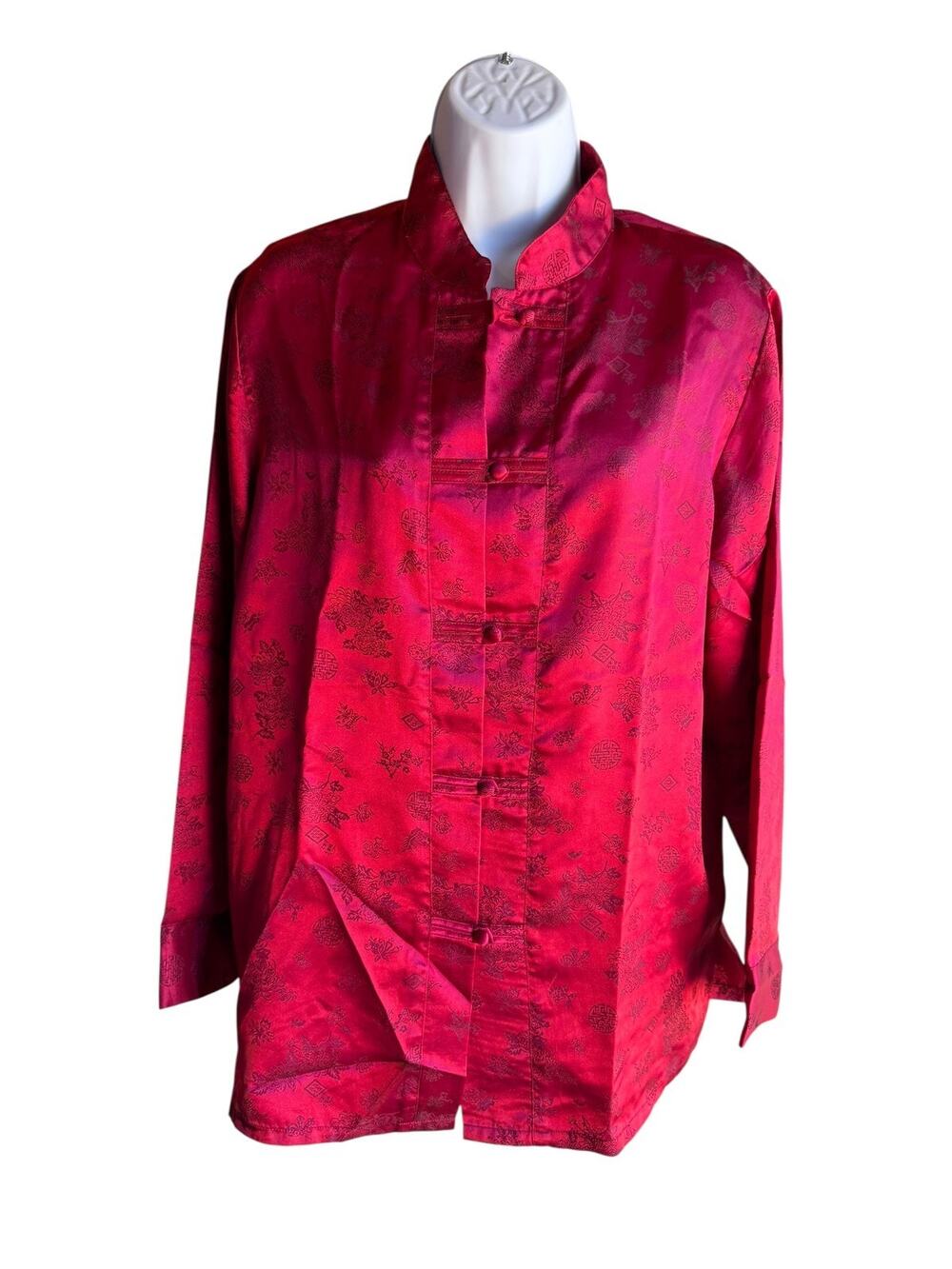 Inner Most Red Satin Jacquard Mandarin Collar Button Front Lounge Pajama Top M